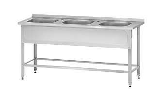 Ванна моечная цельнотянутая ВМЦн - 1500x600x860 Norma Inox, 3 м/о 400x400x250, борт, 2 отв. д/смесит., экран (ножка угловая)