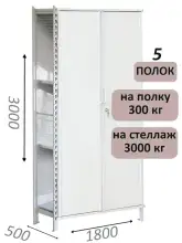 Стеллаж-шкаф СТ-600 с сплошными дверьми и сетчатой стенкой 3000х1900х500, 5 полок