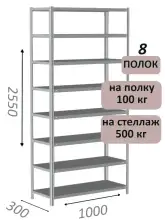 Стеллаж MS Standart 255х100х30, 8 полок, серый